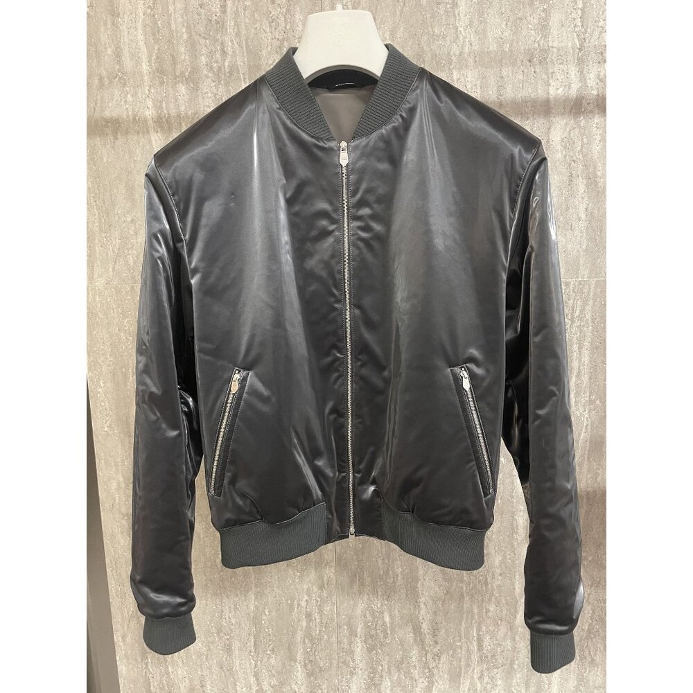 Hermes Mens Black Satin Bomber Jacket With Zippered Pockets & Ribbed Collar/Cuff